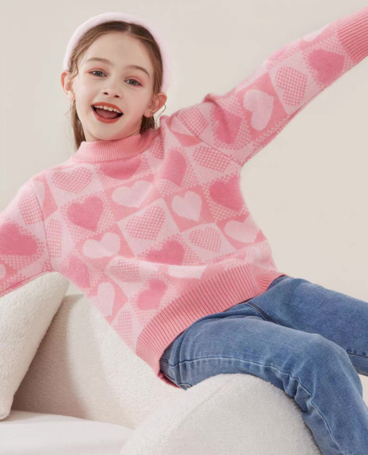 customized Girls’ Red and Cream Heart Pattern Knit Sweater