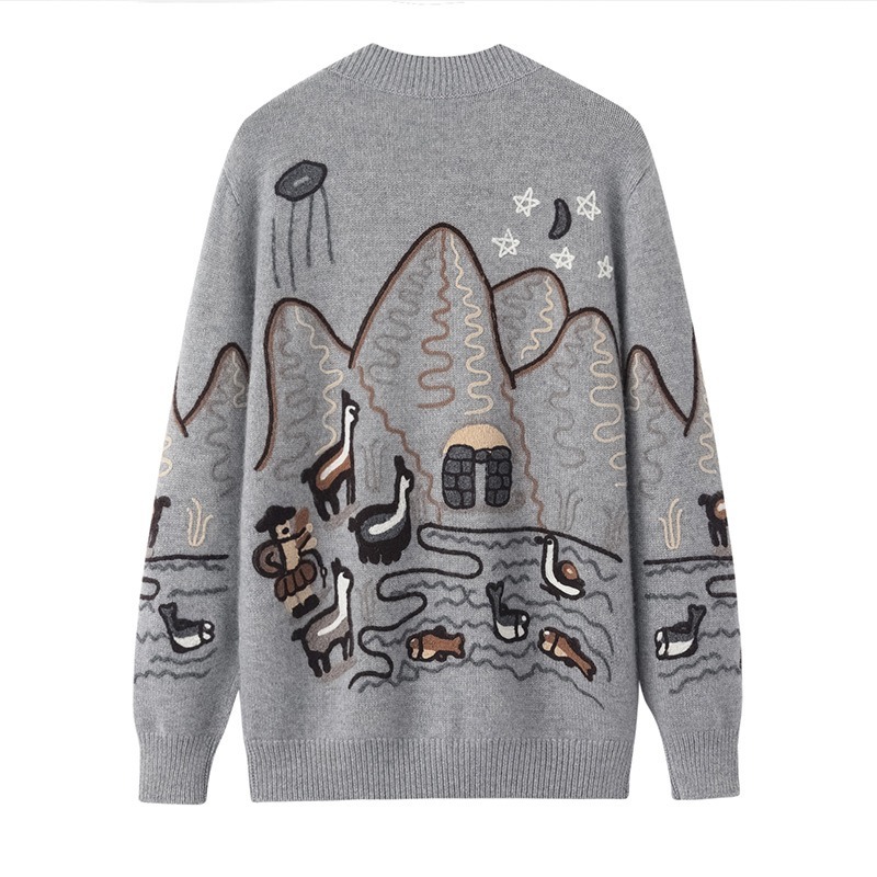 Made-to-order Grey Mountain Landscape Embroidered Knit Cardigan