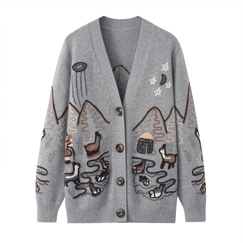 Made-to-order Grey Mountain Landscape Embroidered Knit Cardigan