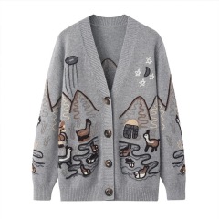 Made-to-order Grey Mountain Landscape Embroidered Knit Cardigan