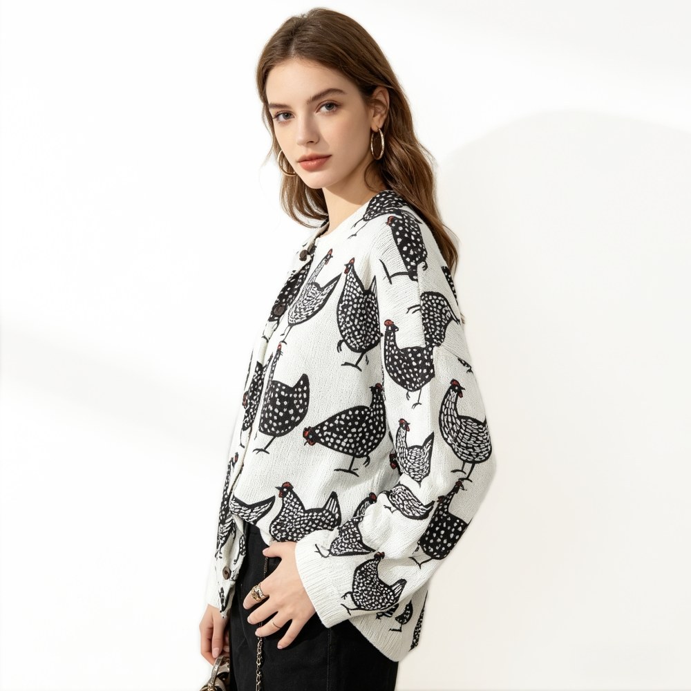 Made-to-order Ivory Chicken Print Button-Up Knit Cardigan