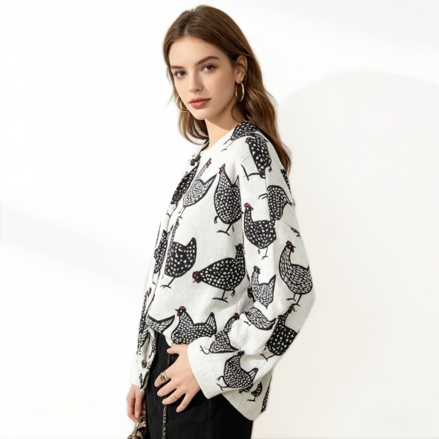 Made-to-order Ivory Chicken Print Button-Up Knit Cardigan