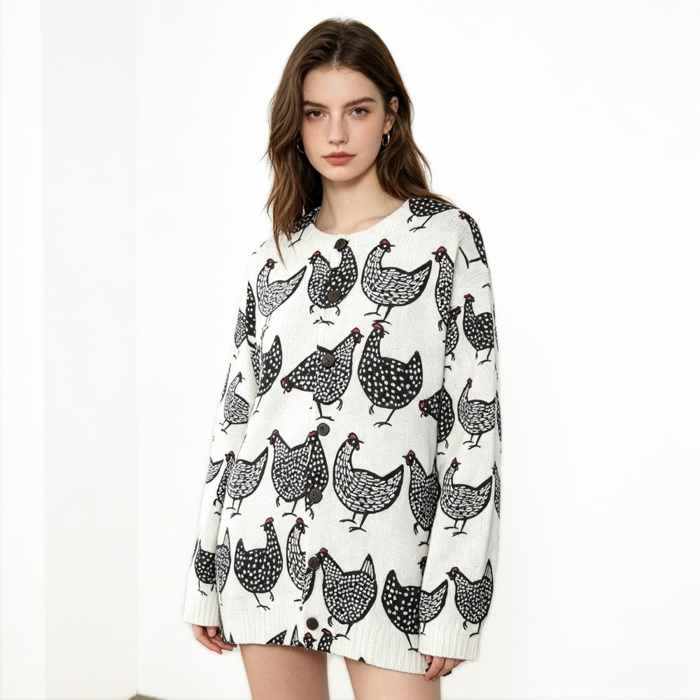 Made-to-order Ivory Chicken Print Button-Up Knit Cardigan