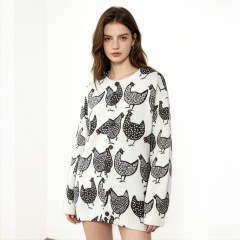 Made-to-order Ivory Chicken Print Button-Up Knit Cardigan