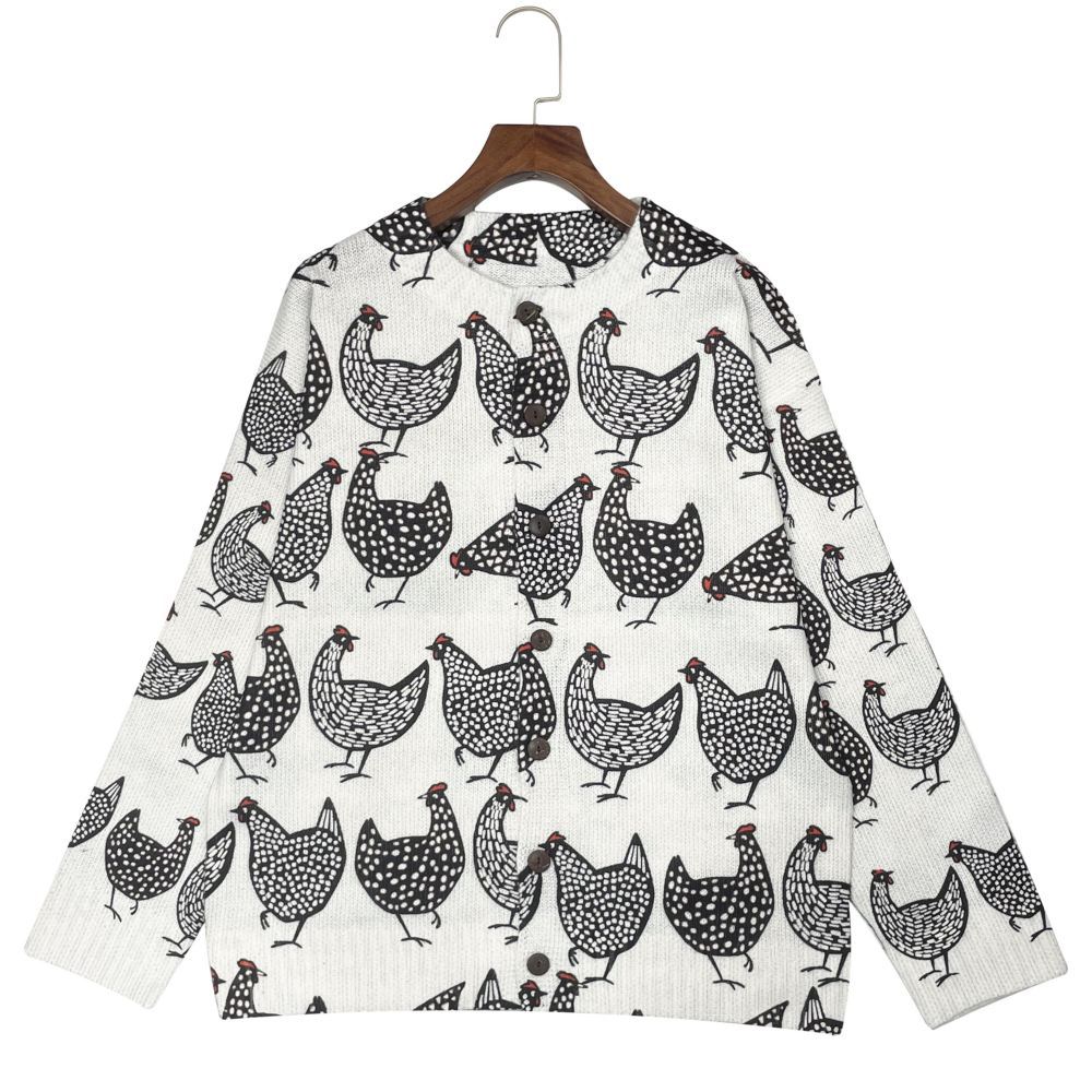 Made-to-order Ivory Chicken Print Button-Up Knit Cardigan