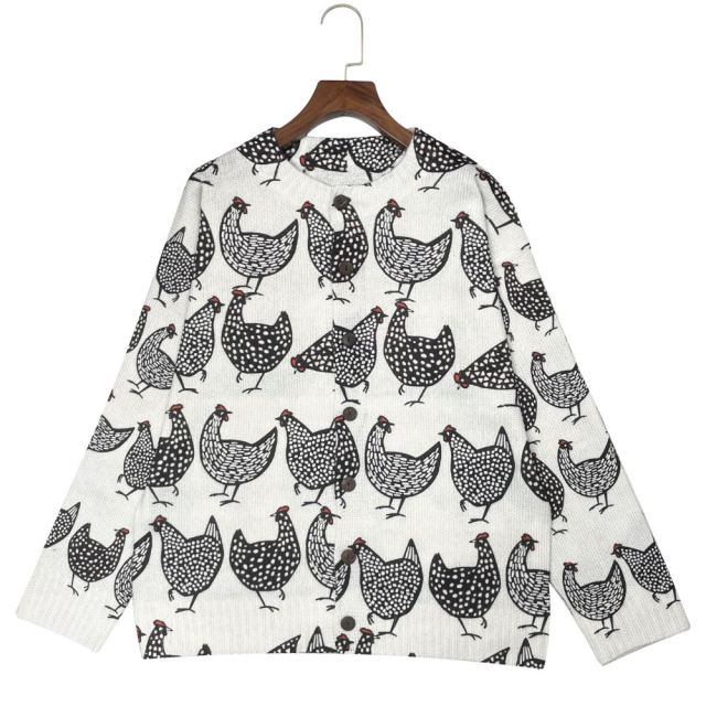Made-to-order Ivory Chicken Print Button-Up Knit Cardigan