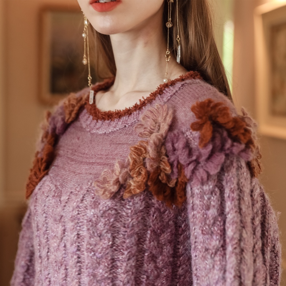 Made-to-order Aqua Floral Applique Cable Knit Sweater