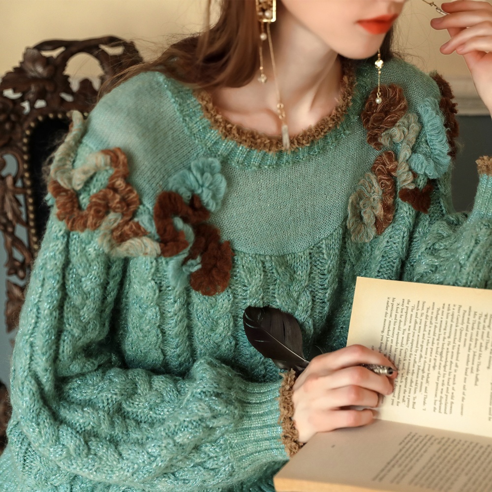 Made-to-order Aqua Floral Applique Cable Knit Sweater