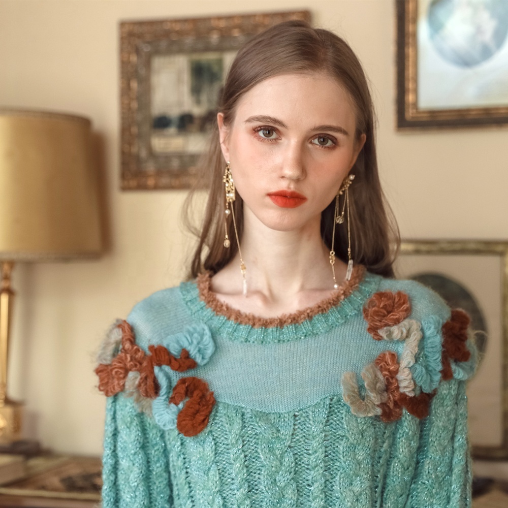 Made-to-order Aqua Floral Applique Cable Knit Sweater