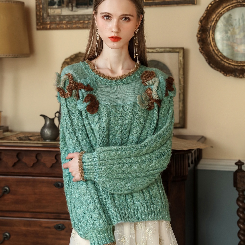 Made-to-order Aqua Floral Applique Cable Knit Sweater