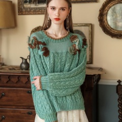 Made-to-order Aqua Floral Applique Cable Knit Sweater