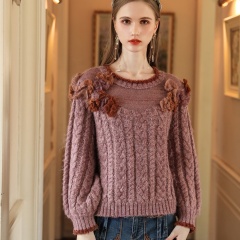 Made-to-order Aqua Floral Applique Cable Knit Sweater