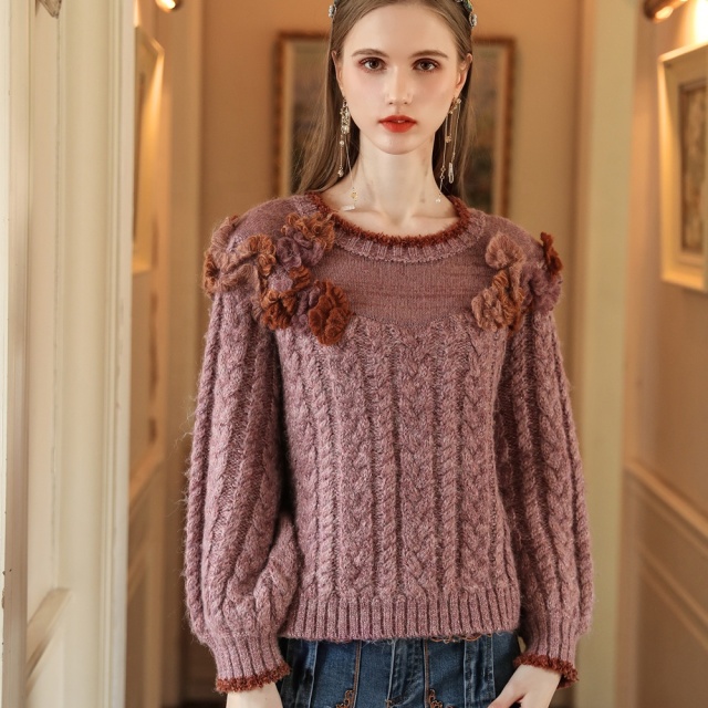 Made-to-order Aqua Floral Applique Cable Knit Sweater