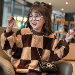 Wholesale Girls’ Oversized Brown Plaid Fleece Poncho Sweater
