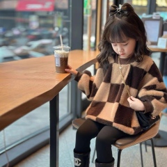 Wholesale Girls’ Oversized Brown Plaid Fleece Poncho Sweater