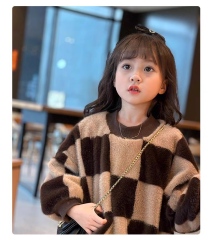 Wholesale Girls’ Oversized Brown Plaid Fleece Poncho Sweater