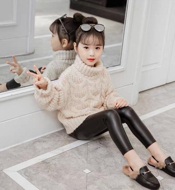 Personalized  Girls’ Brown Chunky Cable Knit Turtleneck Sweater