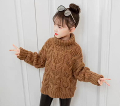 Personalized  Girls’ Brown Chunky Cable Knit Turtleneck Sweater