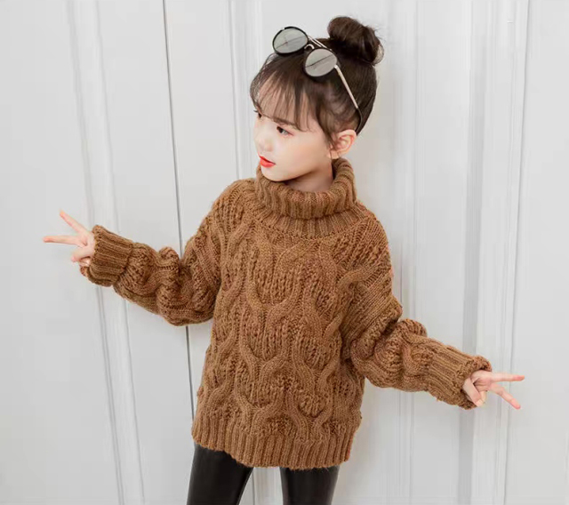 Personalized  Girls’ Brown Chunky Cable Knit Turtleneck Sweater