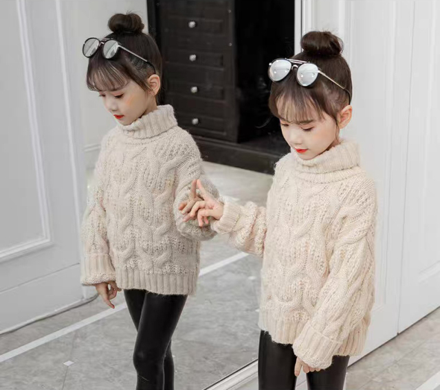 Personalized  Girls’ Brown Chunky Cable Knit Turtleneck Sweater