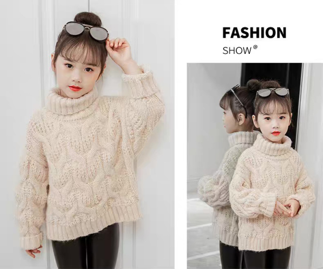 Personalized  Girls’ Brown Chunky Cable Knit Turtleneck Sweater