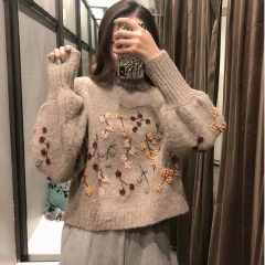 Factory Direct Beige Floral Embroidered Puff Sleeve Cropped Sweater