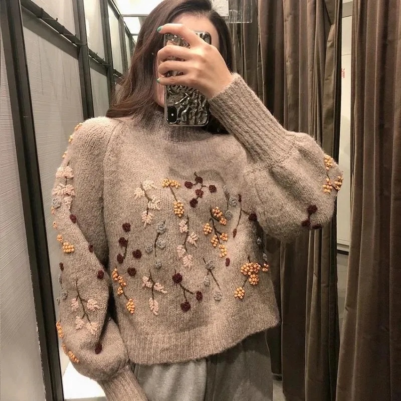 Factory Direct Beige Floral Embroidered Puff Sleeve Cropped Sweater