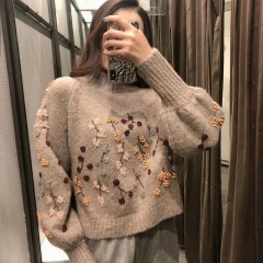 Factory Direct Beige Floral Embroidered Puff Sleeve Cropped Sweater