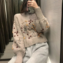 Factory Direct Beige Floral Embroidered Puff Sleeve Cropped Sweater