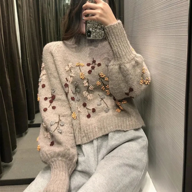 Factory Direct Beige Floral Embroidered Puff Sleeve Cropped Sweater