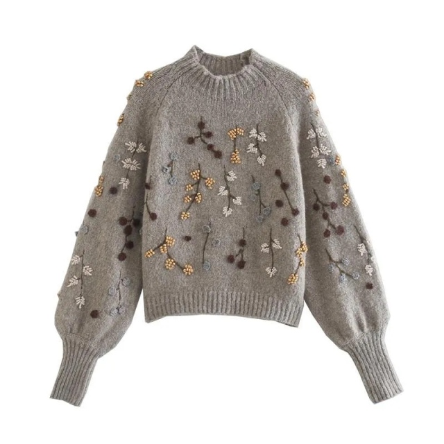 Factory Direct Beige Floral Embroidered Puff Sleeve Cropped Sweater