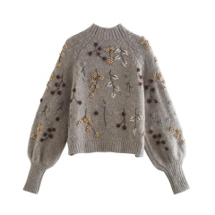 Factory Direct Beige Floral Embroidered Puff Sleeve Cropped Sweater