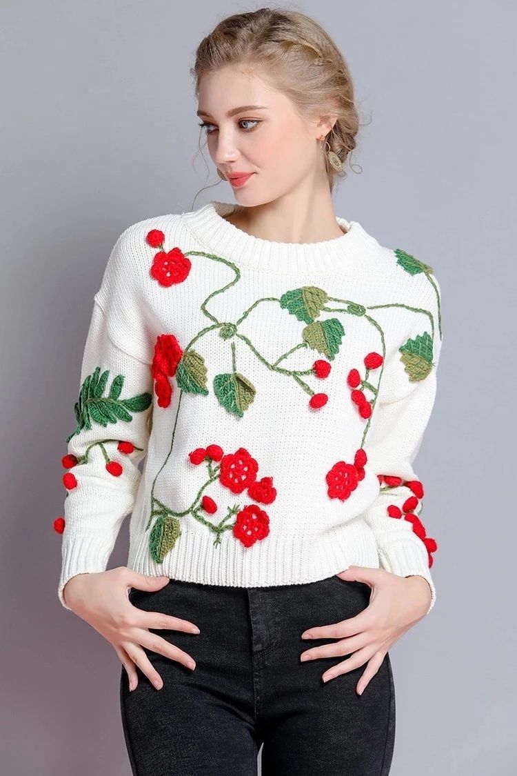 Factory Direct White Floral Embroidered Balloon Sleeve Sweater