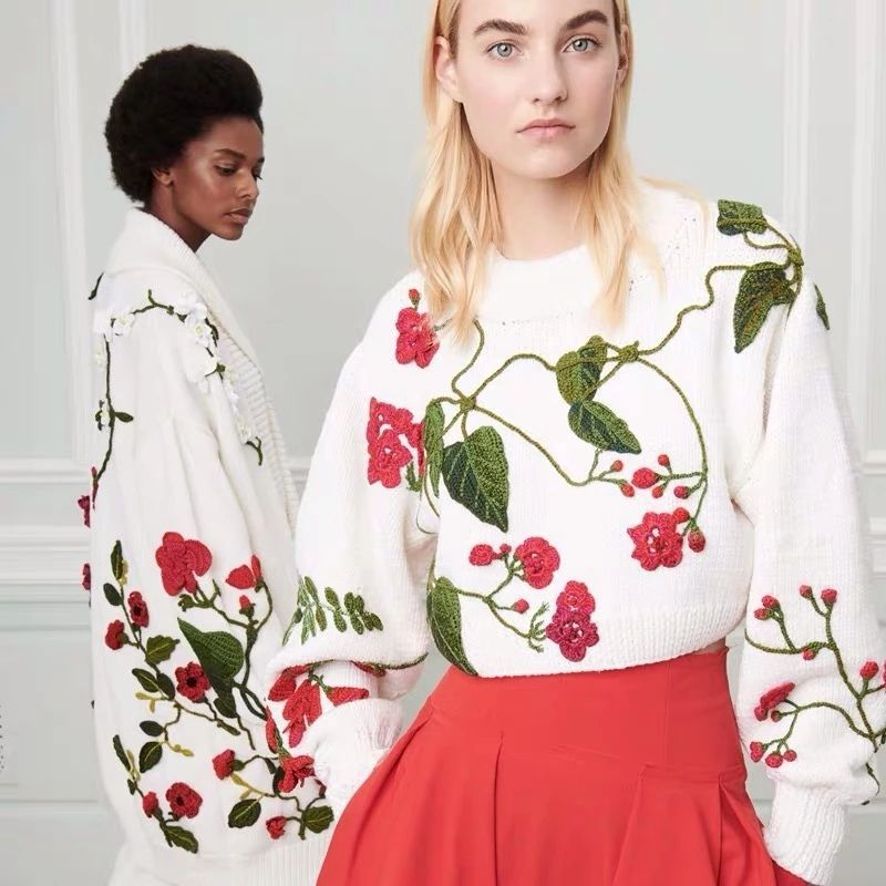 Factory Direct White Floral Embroidered Balloon Sleeve Sweater