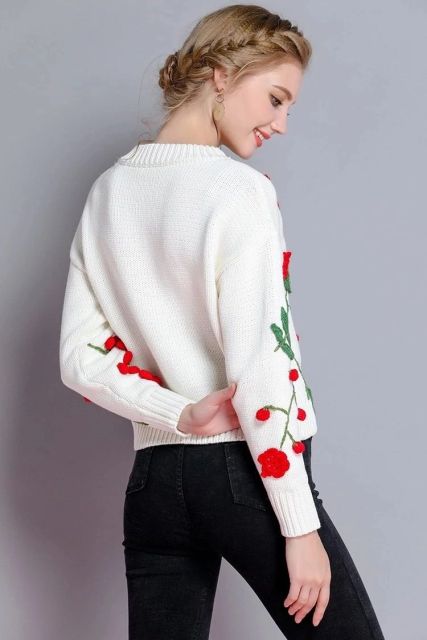 Factory Direct White Floral Embroidered Balloon Sleeve Sweater