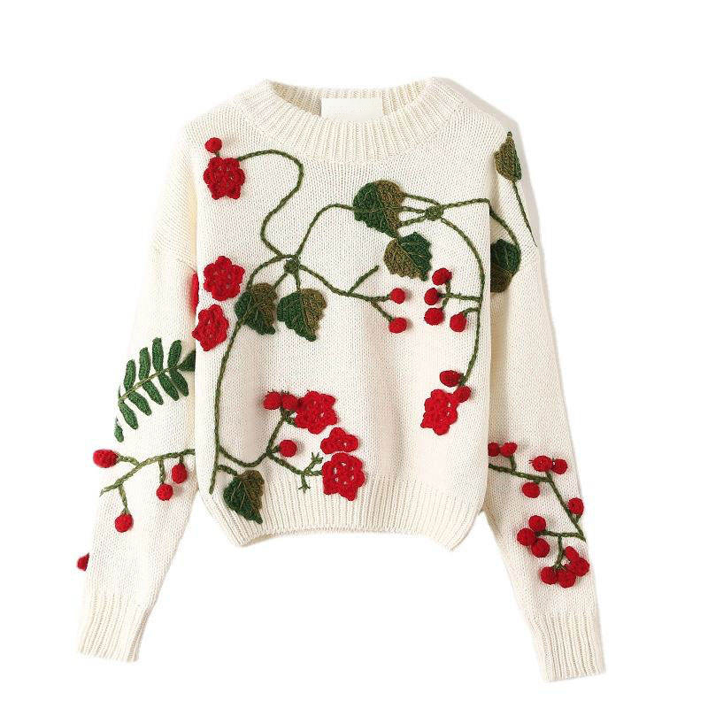 Factory Direct White Floral Embroidered Balloon Sleeve Sweater
