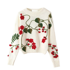 Factory Direct White Floral Embroidered Balloon Sleeve Sweater