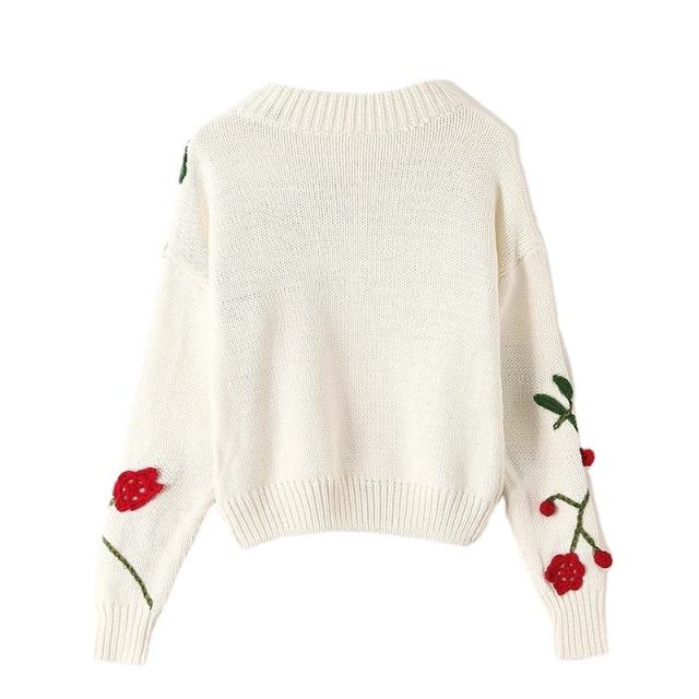 Factory Direct White Floral Embroidered Balloon Sleeve Sweater