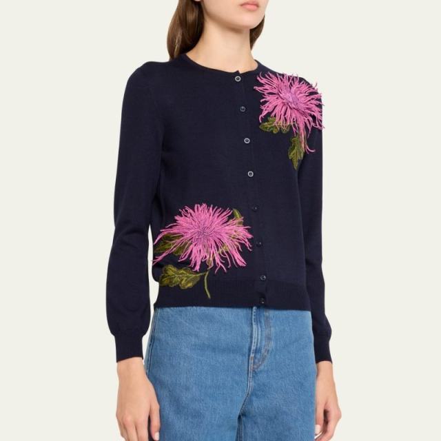 Factory Direct Navy Floral Embroidered Button-Up Cardigan Sweater