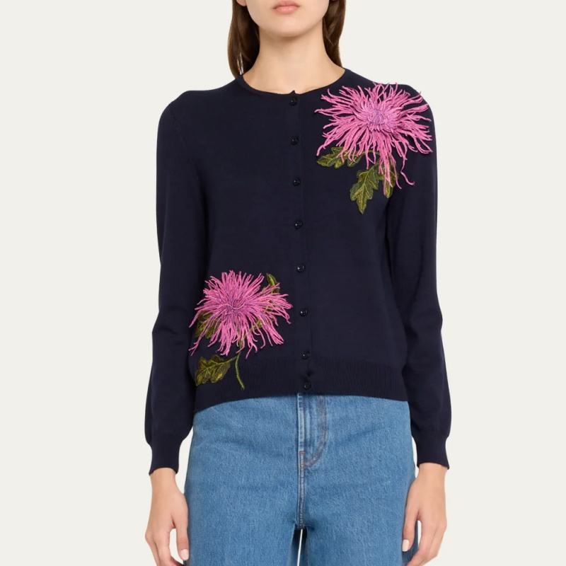 Factory Direct Navy Floral Embroidered Button-Up Cardigan Sweater