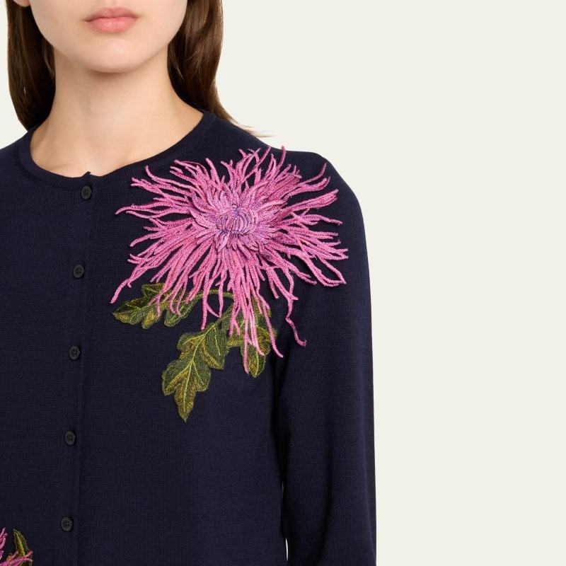 Factory Direct Navy Floral Embroidered Button-Up Cardigan Sweater