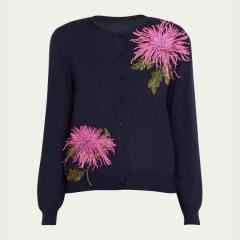 Factory Direct Navy Floral Embroidered Button-Up Cardigan Sweater