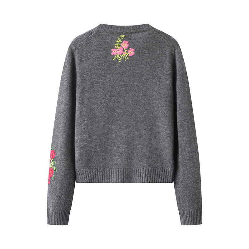 Factory Direct Gray Floral Embroidered Button-Up Cropped Cardigan Sweater