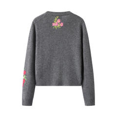 Factory Direct Gray Floral Embroidered Button-Up Cropped Cardigan Sweater