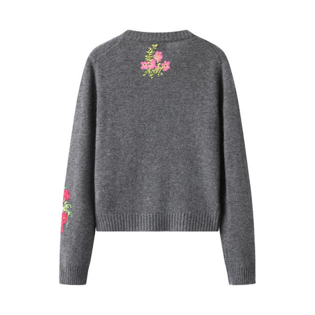 Factory Direct Gray Floral Embroidered Button-Up Cropped Cardigan Sweater
