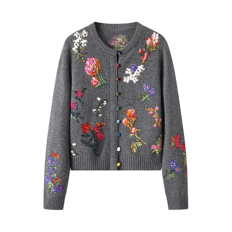 Factory Direct Gray Floral Embroidered Button-Up Cropped Cardigan Sweater
