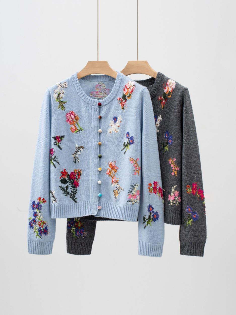 Factory Direct Gray Floral Embroidered Button-Up Cropped Cardigan Sweater