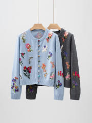 Factory Direct Gray Floral Embroidered Button-Up Cropped Cardigan Sweater
