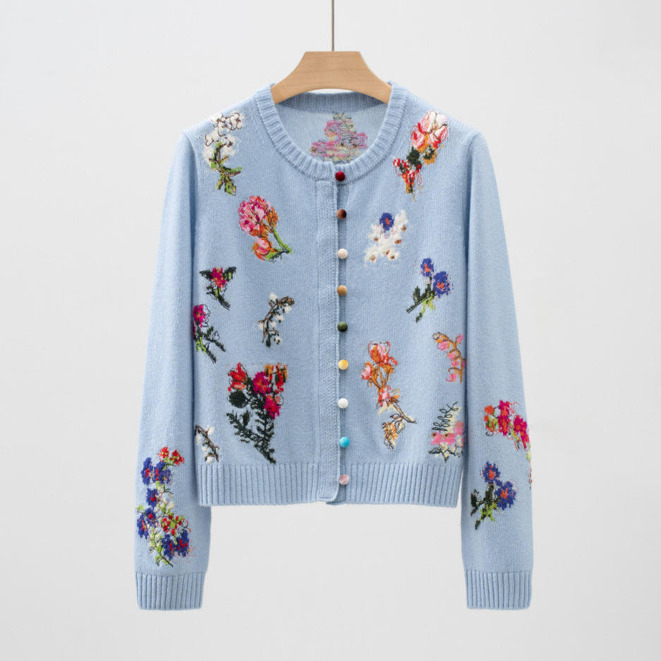 Factory Direct Gray Floral Embroidered Button-Up Cropped Cardigan Sweater