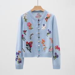 Factory Direct Gray Floral Embroidered Button-Up Cropped Cardigan Sweater
